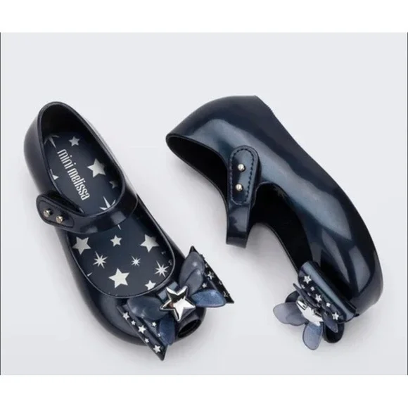 Mini Melissa Ultragirl Star Bow Navy Blue Jelly Mary Jane Shoes‎ Kids Size 8 USA
