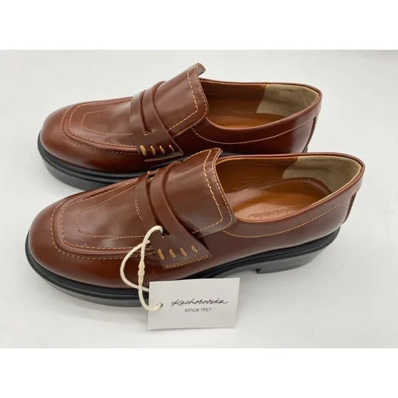 Kachorovska Brown Leather Platform Loafers Square Toe Chunky Shoes EU 37 NEW