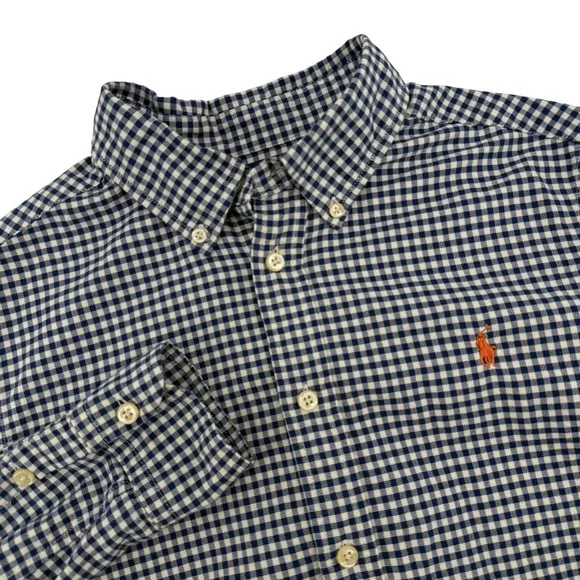 Ralph Lauren Boys‎ Large 14-16 Gingham Button Down Shirt Navy White Cotton