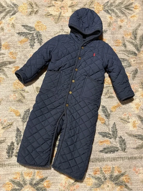 Ralph Lauren Kids Navy‎ Blue Quilted Hooded Bunting Snowsuit Fleece Lined 24M