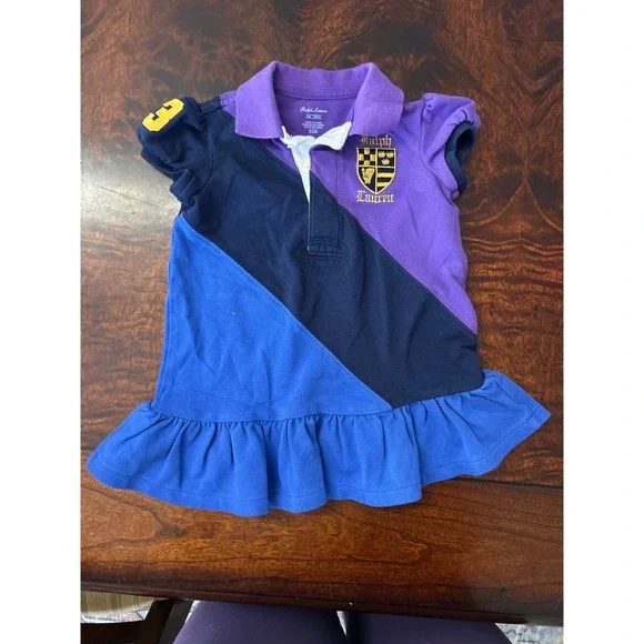 Ralph Lauren Baby Girls Colorblock Polo Dress Purple Blue Crest 6M