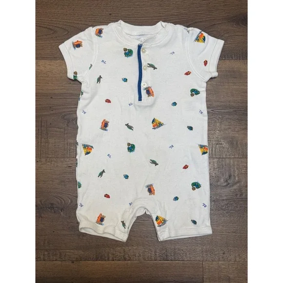 Ralph Lauren Baby Boys Nautical Polo Bear Sailboat Henley Romper White 9M