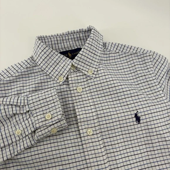 Ralph Lauren Boys Long Sleeve Button Up Shirt Size 7 Blue‎ White Check Cotton