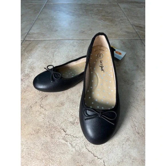 Cat & Jack Kids Diana Ballet Flats Black Bow Memory Foam Size 2 NEW