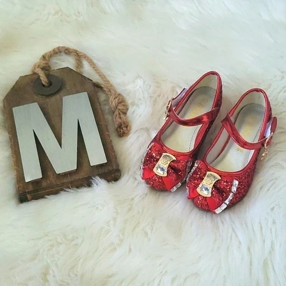 Jiaduowang Red Glitter and Rhinestone Rounded Toe Little Girl Heeled Sho…