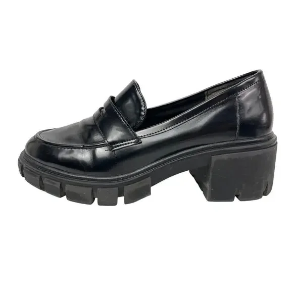 Crown Vintage Women's Black Leather Slip On Chunky Platform Loafer Shoes Sz 7.5