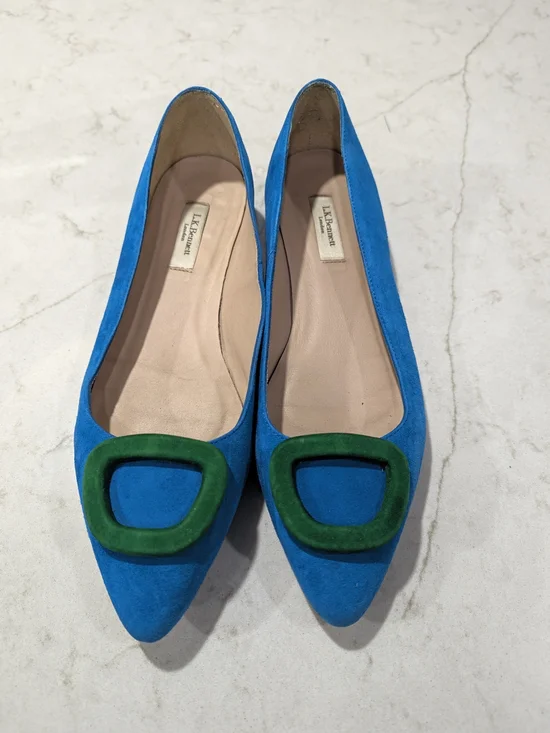 LK Bennett Bright Blue Suede Pointed Flats with Green Buckle