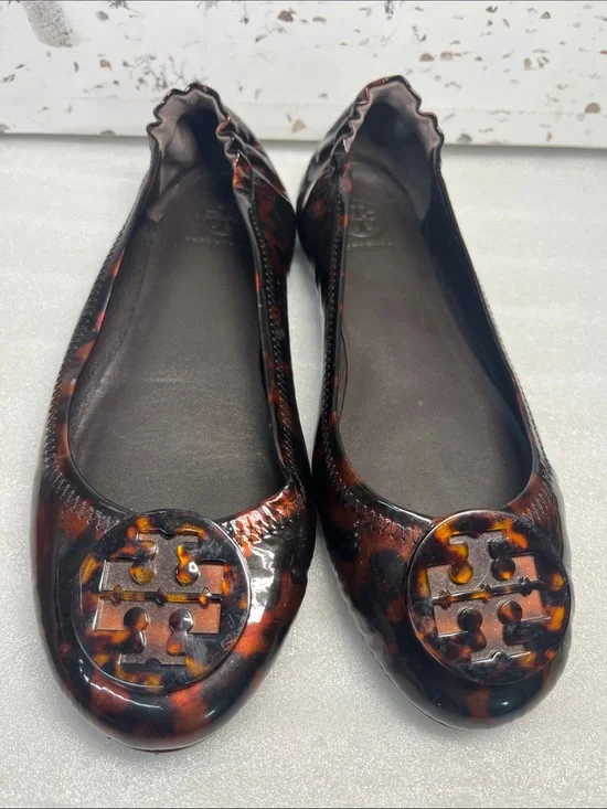 Tory Burch Tortoiseshell Patent Reva Ballet Flats Brown/Black/Amber Sz 8.5