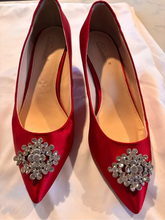 Red Satin Pointed-Toe Kitten Heel  with Crystal Brooch Accent