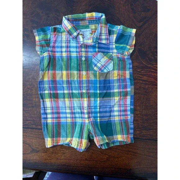 Ralph Lauren Baby Boy Plaid Romper Multicolor Cotton Snap Bottom 9M