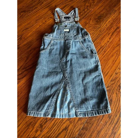 Ralph Lauren Girls Denim Overall Dress Blue Floral Inset Jumper Size 6