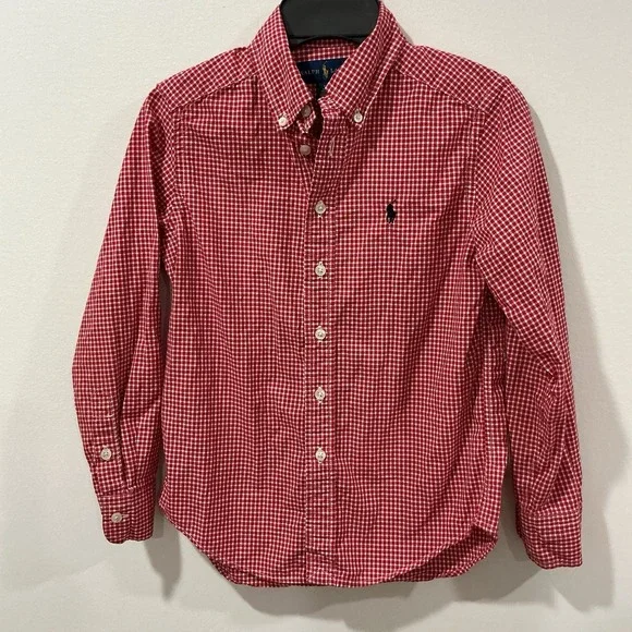 Ralph Lauren Kids Red Gingham Oxford Button Down Shirt Long Sleeve Size 8 Preppy