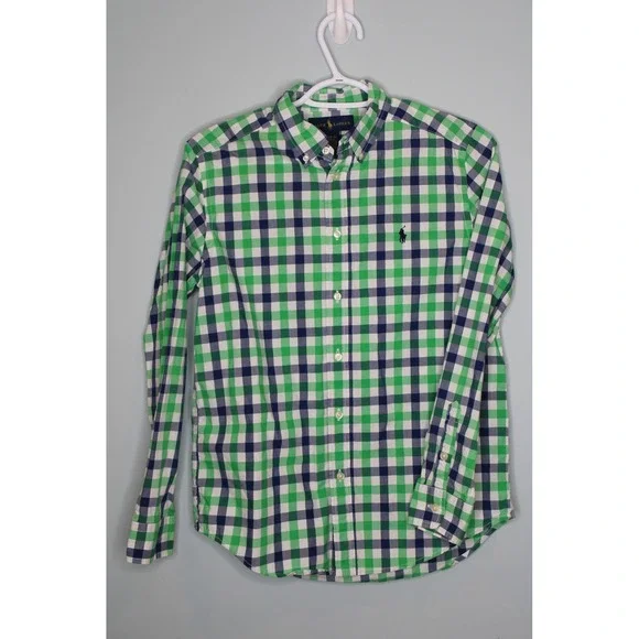 Ralph Lauren Boys‎ Gingham Button Down Shirt Green Navy Blue Size L 14-16 Cotton