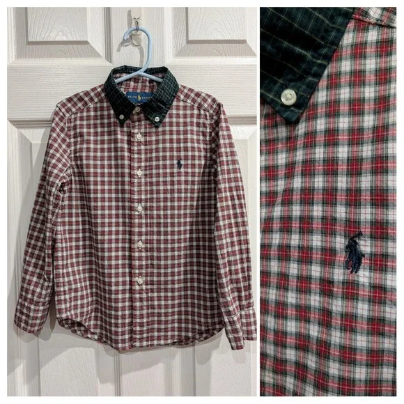 Ralph Lauren Boys Plaid Button‎ Down Shirt Size 5 Preppy 90s Contrast Red Green
