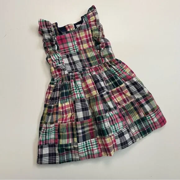 Ralph Lauren Dress Madras Plaid Ruffle Lined Cotton Sleeveless Blue Pink Green