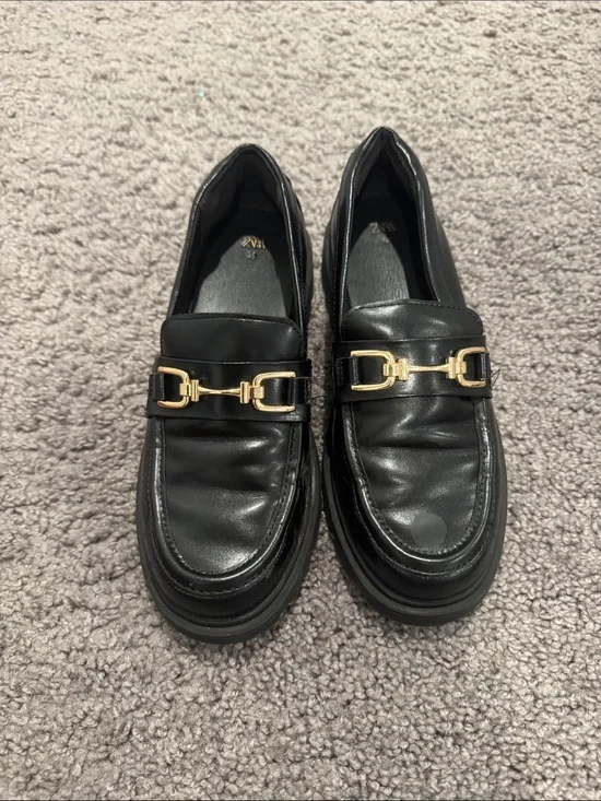 Zara Black Loafers with Gold Bit Detail