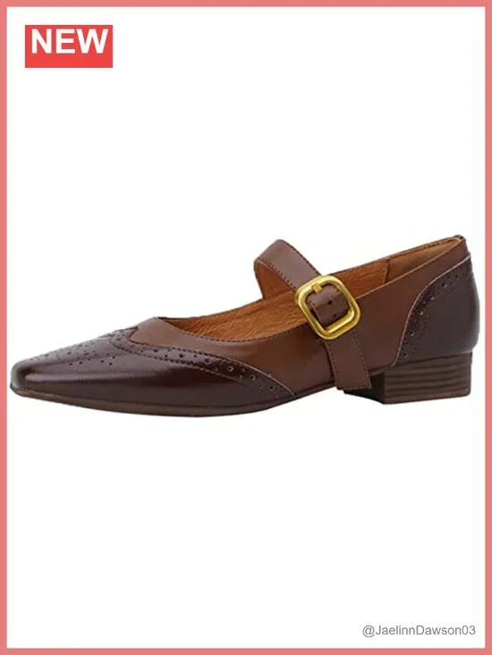 Women's Mary Jane Leather Flats Square Toe Slip On Vintage Low Heel