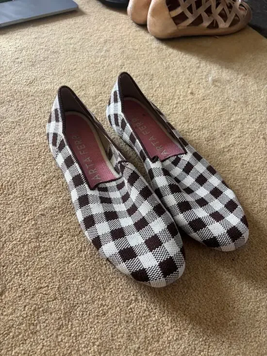 Rothy's x Marta Ferri Brown Gingham Check Merino Wool Loafer Flats