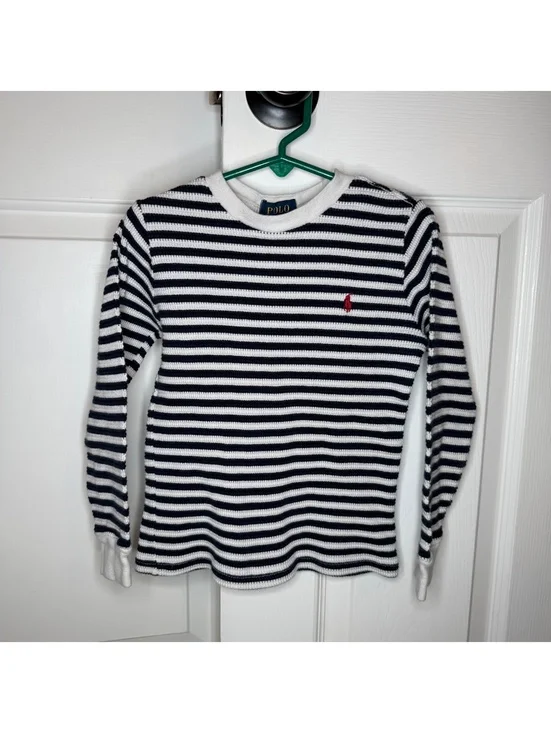 Polo Ralph Lauren Long Sleeve Waffle Knit Black White Stripe Shirt Boys Sz 5