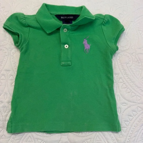 Ralph Lauren Girls Green Cotton Pique Polo Shirt Purple Pony 12M