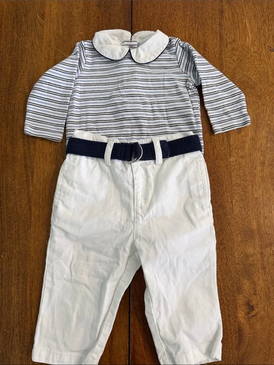 Ralph Lauren Striped Collar Top and White Pants Set w/ Navy Belt Boys 6 months