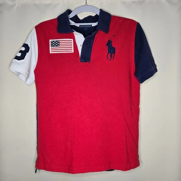 Ralph Lauren Polo Shirt Kids Boys M (10-12) American Flag Patch Colorblock