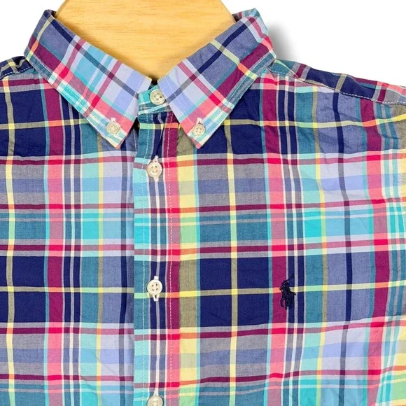 Ralph Lauren Button Down Boys L 14-16 Multi-Color Madras Plaid Stretch Prep Pony