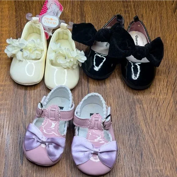 Pink black ivory baby girl formal dress shoes size 2 bows flowers 3-6 months