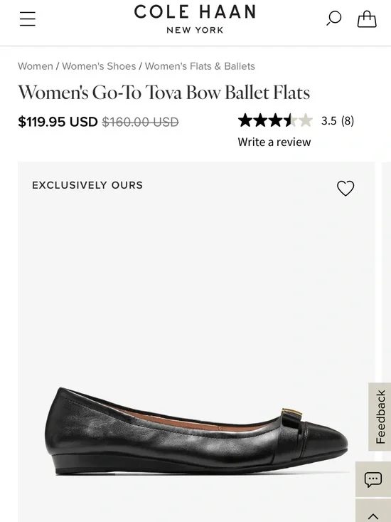 Cole Haan Black Leather Bow Ballet Flats with Gold Accent