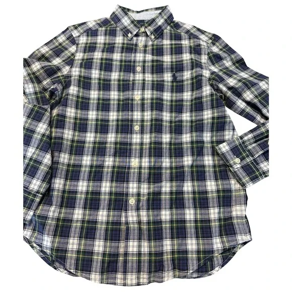 Ralph Lauren Boys Blue Green Plaid Button Down Shirt Size M 10-12 Long‎ Sleeve