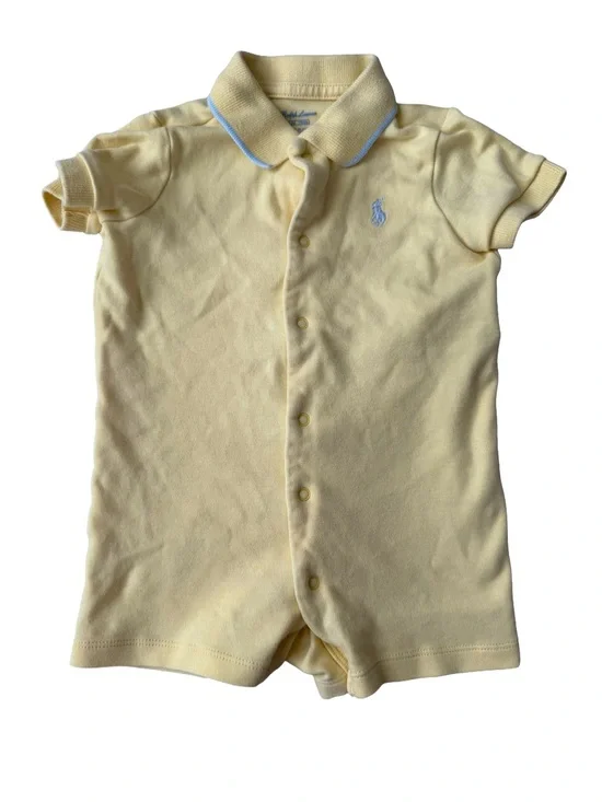 Ralph Lauren Pastel Light Yellow Polo Snap Romper with Blue Trim