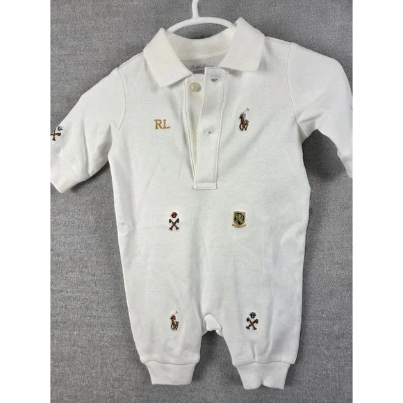 Ralph Lauren Newborn One Piece Sleeper Embroidered Ponies RL Logo White Crest