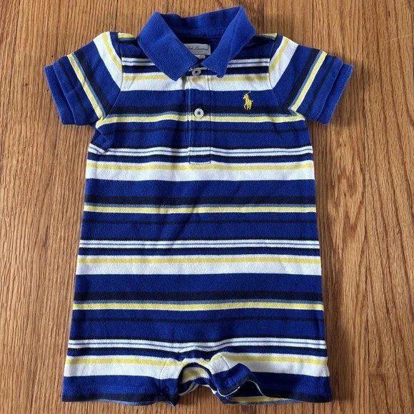 Polo Ralph Lauren Romper Boys Preppy  Striped Blue Yellow 9 Months