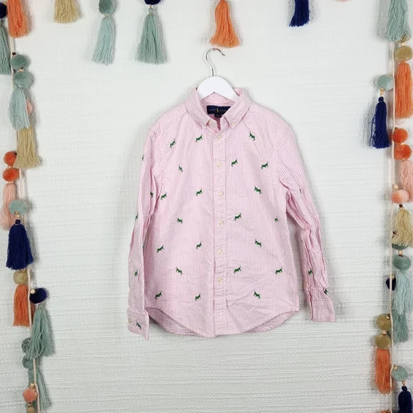 Ralph Lauren Pink Striped Shirt with Green Grasshopper Embroidery