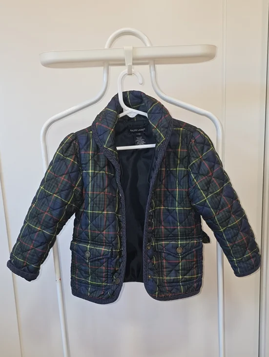 Ralph Lauren Quilted Plaid Puffer Jacket in Navy w/ Yellow & Red Accents 3T