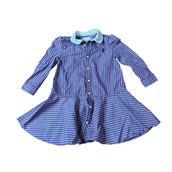 Ralph Lauren Striped Dress Toddler Purple Drop‎ Waist Peter Pan Collar SIZE 18M