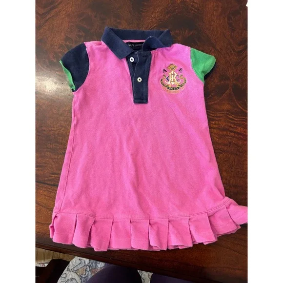 Ralph Lauren Pink Colorblock Crest Polo Dress Baby Girls 18M Pleated Hem