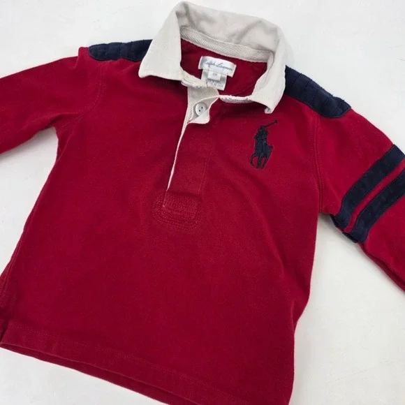 RALPH LAUREN RUGBY POLO BABY 12 MONTHS RED BLUE LONG SLEEVE BIG PONY BIG 67 LOGO