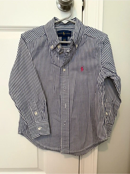 4T Ralph Lauren Navy & White Striped Button-Down Shirt with Pink Pony