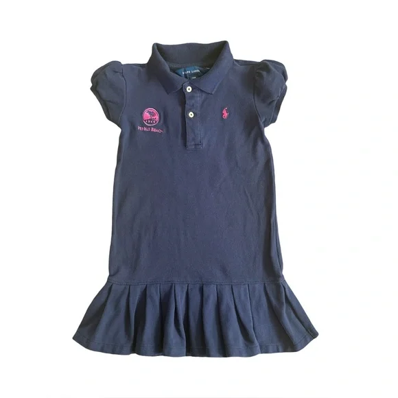 Ralph Lauren Polo Dress Toddler Girls‎ 24M Navy Blue Puff Sleeve Pleated