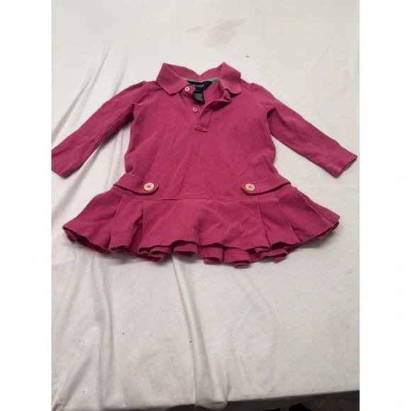 Ralph Lauren Baby Girl Dress 9M Pink Polo Long Sleeve Logo‎ Ruffle Hem Outfit