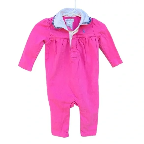 Ralph Lauren One Piece Jumpsuit Pink Ruffle Collar Snap Crotch 6 Mos GUC