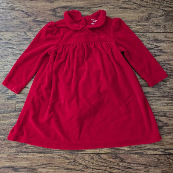 $ Ralph Lauren Red Velour Collared Dress‎