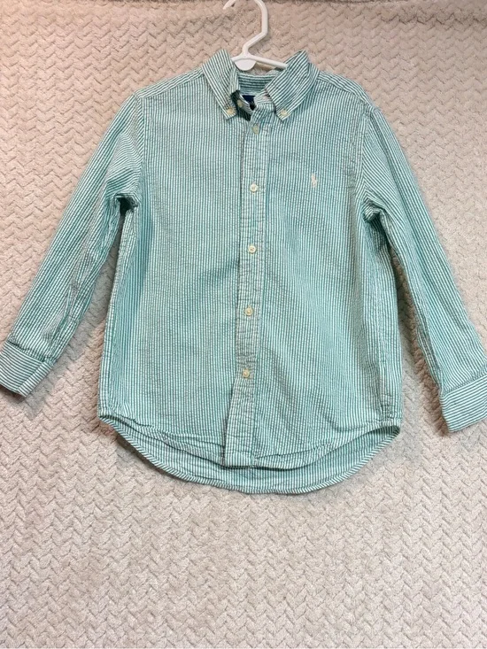 Ralph‎ Lauren Seersucker Button Down Shirt Size 5 Green White Striped Boys Pony