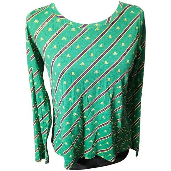 Ralph Lauren Girls Large 12-14 Green Sequin Stripe Skull Crossbones Shirt L/S