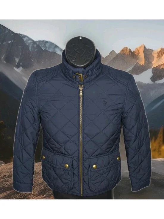 POLO RALPH LAUREN Quilted Jacket Girls Kid Medium 8-10 Navy Equestrian Barn Coat