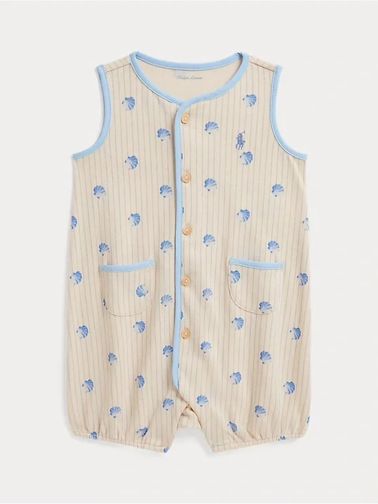 NWT 0-3m Polo Ralph Lauren Cream & Blue Shell-Print Sleeveless Romper Pajamas
