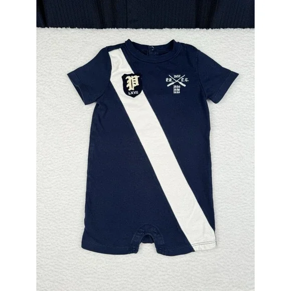 Ralph Lauren One Piece Navy Blue Dia White Stripe Crest - Toddler 9M