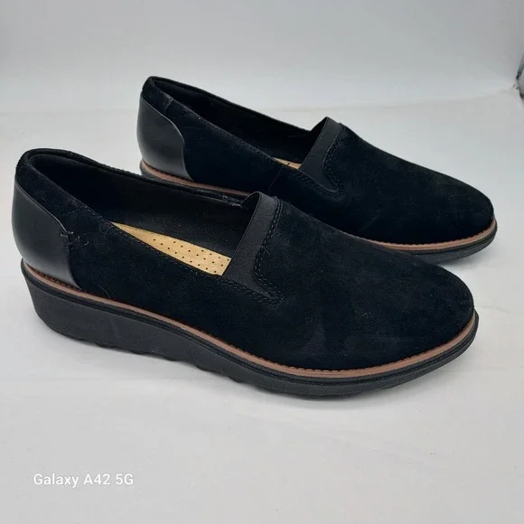 Clarks Collection Sharon Dolly Black Suede Wedge Loafers Womens 8 261558194055