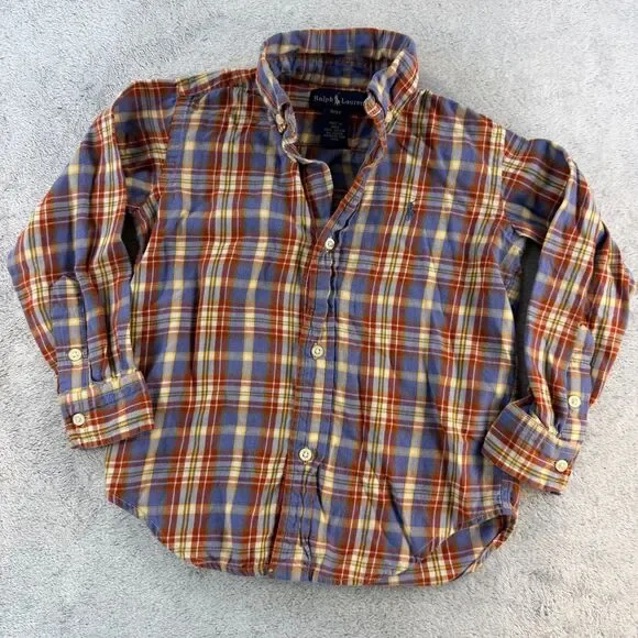 Ralph Lauren Boys 3T Plaid Button Down Shirt Pony 100% Cotton Blue Red